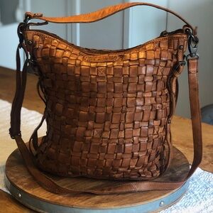 Brown Woven Leather Shoulder Bag with Basketweave Design